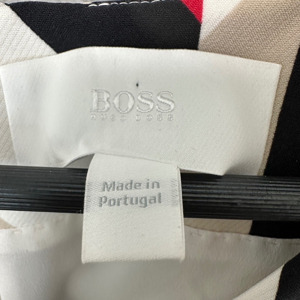 BOSS Hugo Boss Geometric Sheath Dress 10 Red Black Beige V Neck Portugal 40s Mod - Picture 4 of 7